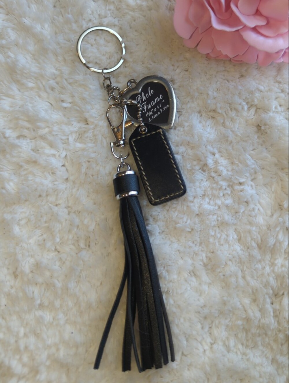 Coach Vintage Black Leather Hangtag + Tassel Keychain with Heart Photo Frame - Picture 2 of 2